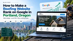 Roofing website SEO guide showing a Portland roofing company website on laptop and phone